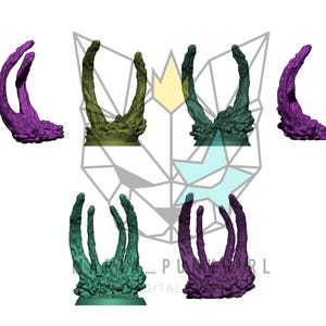 Pode incluir: Cinco modelos impressos em 3D de uma mão de criatura fantástica, cada um com um esquema de cores diferente. Os modelos são impressos em roxo, verde e marrom. Os modelos estão todos na mesma pose, com a mão levantada e os dedos curvados.