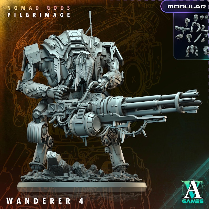 May include: A gray, detailed model of a mech robot, labeled "Wanderer 4" with the text "Nomad Gods Pilgrimage." The robot has a large multi-barreled weapon and intricate mechanical details. A smaller image shows modular parts.