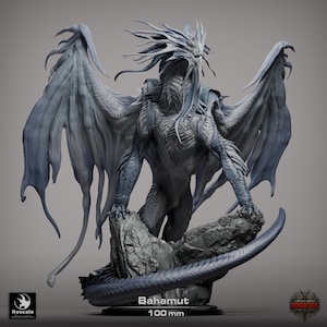 May include: A detailed, gray dragon figurine with outstretched wings, perched on a rocky base. The sculpture, labeled "Bahamut" and measuring 100 mm, features intricate scales and a majestic pose, perfect for fantasy enthusiasts.