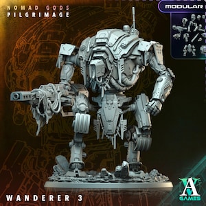 May include: A gray Wanderer 3 model from Nomad Gods Pilgrimage. The model is a modular, bipedal robot with a large cannon arm and detailed mechanical components. The model is standing on a rocky base, with the A Games logo in the bottom right corner.