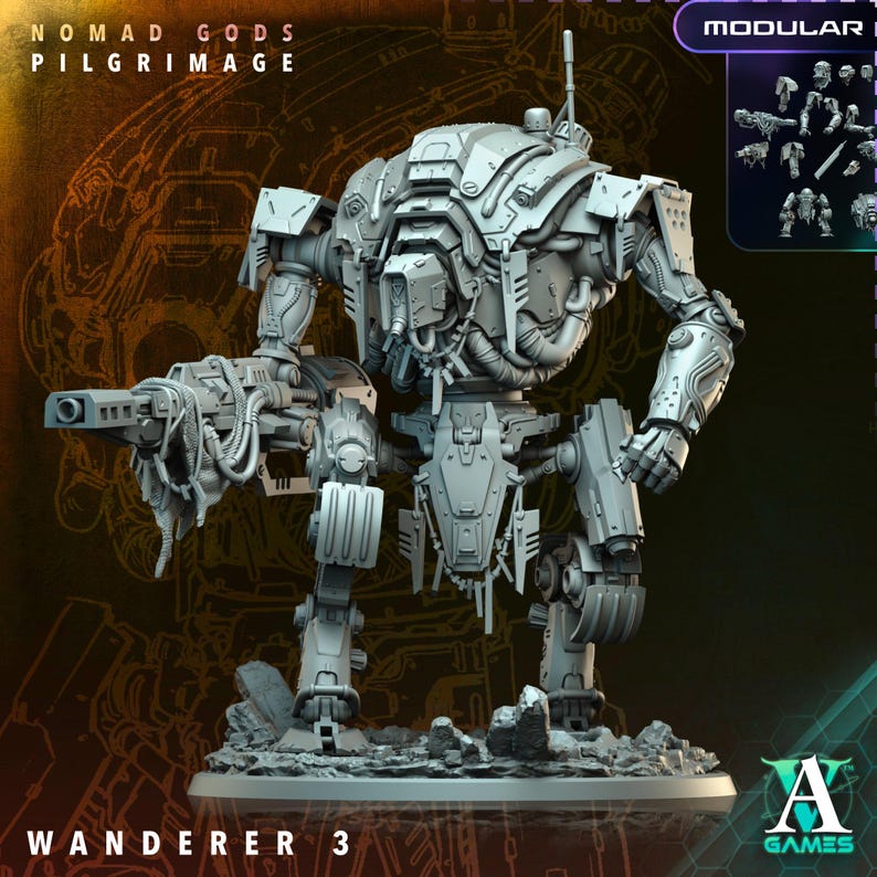 May include: A gray Wanderer 3 model from Nomad Gods Pilgrimage. The model is a modular, bipedal robot with a large cannon arm and detailed mechanical components. The model is standing on a rocky base, with the A Games logo in the bottom right corner.