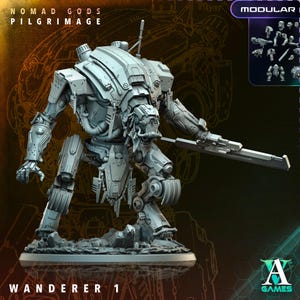 May include: A detailed, gray Wanderer 1 model from the Nomad Gods Pilgrimage series. The model is a modular robot with intricate mechanical details, including a large weapon and various interchangeable parts. The A Games logo is visible.