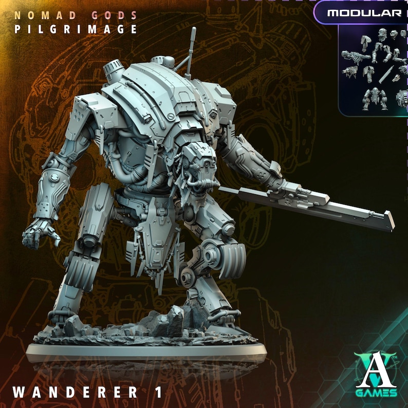 May include: A detailed, gray Wanderer 1 model from the Nomad Gods Pilgrimage series. The model is a modular robot with intricate mechanical details, including a large weapon and various interchangeable parts. The A Games logo is visible.