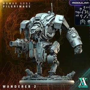 May include: A gray, modular Wanderer 2 robot model from Nomad Gods Pilgrimage. The model features detailed mechanical components, including a large cannon, articulated limbs, and a complex head design. Additional modular parts are shown in the upper right corner.