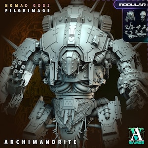 May include: A detailed, grey, 3D-rendered model of a large, robotic figure, the Archimandrite, with intricate mechanical details. The image includes the text "NOMAD GODS PILGRIMAGE" and "ARCHIMANDRITE". A modular component display is in the upper right corner, with the "A GAMES" logo at the bottom.
