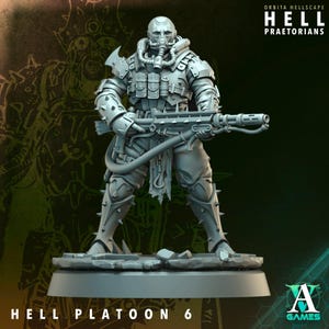 May include: A grey miniature figure of a soldier in futuristic armour, holding a large weapon. The figure has a helmet with a respirator and is standing on a rocky base. Text on the image reads "ORBITA HELLSCAPE HELL PRAETORIANS" and "HELL PLATOON 6".