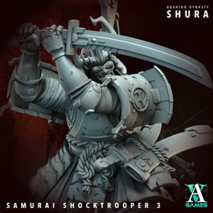 May include: A grey figurine of a samurai warrior in full armour, holding a katana. The figure is in a dynamic pose, suggesting action. The text "BUSHIDO DYNASTY SHURA" and "SAMURAI SHOCKTROOPER 3" are visible.