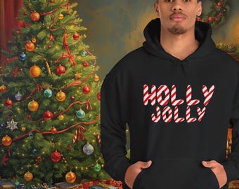 Holly Jolly Candy Cane Text Hoodie | Santa Back Print Holiday Sweatshirt