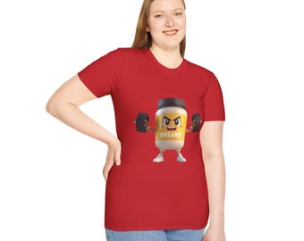Angry Peanut Butter Jar Lifting Weights T-Shirt | Fitness snack mascot