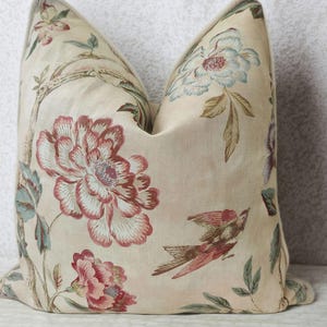 Handcrafted Colefax and Fowler Leonora Cushion, Coral & Sage Botanical Linen Cushion Cover