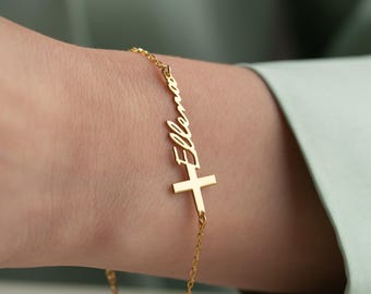 カスタムネームクロスブレスレット：14Kゴールド洗礼ギフト