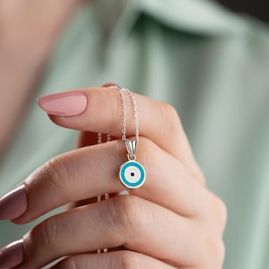 14K Gold Evil Eye Charm Protection Necklace, Silver Evil Eye Necklace with Turquoise, Greek Evil Eye Disc Necklace, Lucky Evil Eye Jewelry