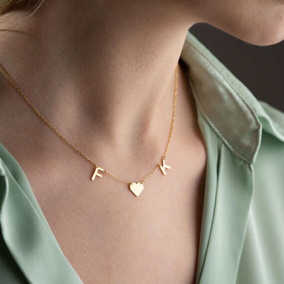14K Gold Couples Initial Necklace: Personalized Heart Pendant