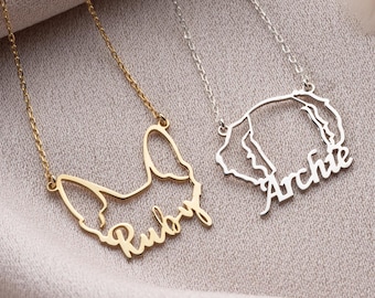 Personalized Dog Ears Necklace, 14 K Gold Dog Name Necklace, Silver Custom Pet Jewelry, Pet Name Necklace, Pet Memorial Gift, Gift For Her