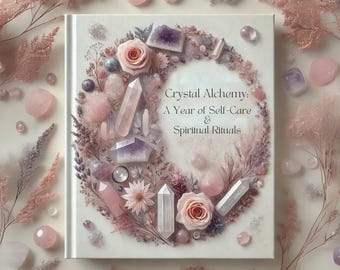 May include: A book titled "Crystal Alchemy: A Year of Self-Care & Spiritual Rituals" with a floral and crystal design. The cover features a wreath of pink roses, crystals, and other decorative elements. The overall color scheme is soft pink and white.