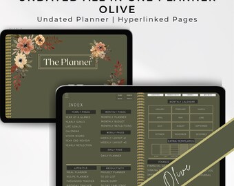 Puede incluir: Un planificador digital con una cubierta verde y un diseño floral. El planificador está abierto en una página con un índice de secciones, incluyendo páginas anuales, páginas mensuales, páginas semanales y páginas diarias. El planificador también incluye secciones para estilo de vida, productividad y finanzas. El texto "The Planner" está en la parte superior de la página. El texto "Olive" está en la parte inferior de la página.