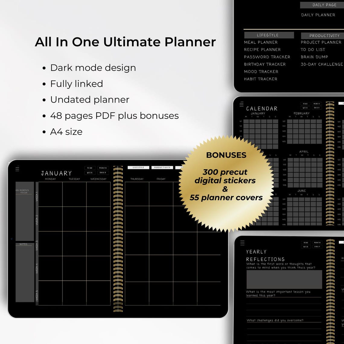 Undated Dark Mode All in One Digital Planner (ebony Black) - Etsy
