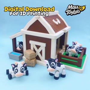 Könnte beinhalten: Eine 3D-gedruckte Spielzeug-Bauernhofszene mit einer braunen und weißen Scheune, Heuballen und mehreren schwarz-weißen Kuhfiguren. Der Text "Digital Download For 3D Printing" steht oben, und das "Mau ToyLab"-Logo befindet sich oben rechts.