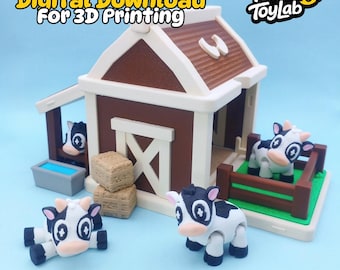 May include: A 3D-printed toy farm scene with a brown and white barn, hay bales, and several black and white cow figurines. The text "Digital Download For 3D Printing" is at the top, and the "Mau ToyLab" logo is in the upper right corner.