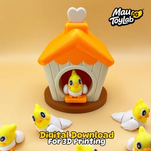 May include: A 3D printed orange and white birdhouse with a heart-shaped topper, featuring a small yellow and white bird inside. Several additional yellow and white bird figures are arranged around the base. Text reads Mau ToyLab and Digital Download For 3D Printing.