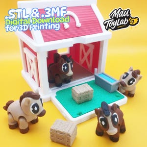 May include: A model farm building with a red roof and white detailing, with a brown horse figurine inside. Several other horse figurines and hay bales are placed around the barn. Text reads "STL & .3MF Digital Download for 3D Printing".