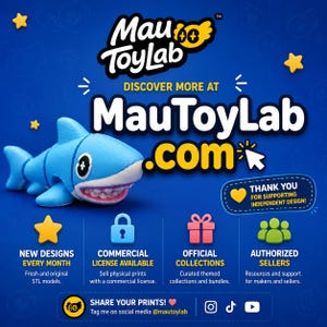 May include: A blue shark toy with a wide grin is featured in a promotional image for MauToyLab. The image includes text that says "Discover More at MauToyLab.com" and highlights features like new designs, commercial licenses, and official collections.