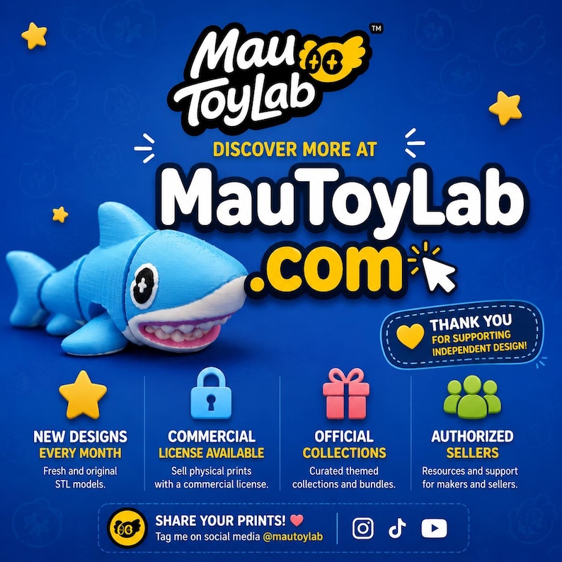 May include: A blue shark toy with a wide grin is featured in a promotional image for MauToyLab. The image includes text that says "Discover More at MauToyLab.com" and highlights features like new designs, commercial licenses, and official collections.