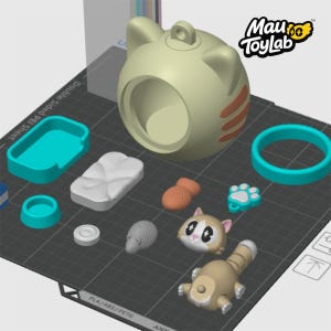 May include: A 3D printed cat-themed playset featuring a beige spherical cat house with orange stripes, a small cat figurine, a gray mouse, a white bed, a turquoise bowl, a turquoise tray, a turquoise ring, and a turquoise paw print charm.