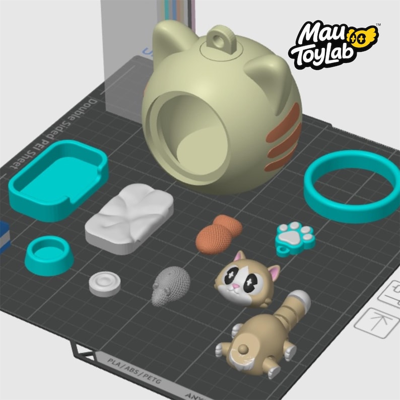May include: A 3D printed cat-themed playset featuring a beige spherical cat house with orange stripes, a small cat figurine, a gray mouse, a white bed, a turquoise bowl, a turquoise tray, a turquoise ring, and a turquoise paw print charm.