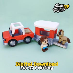 May include: A 3D printed toy set featuring a red and white truck pulling a matching horse trailer. A small human figure stands beside the trailer, which has a ramp lowered for a tan horse figurine. Text reads Mau ToyLab and Digital Download For 3D Printing.