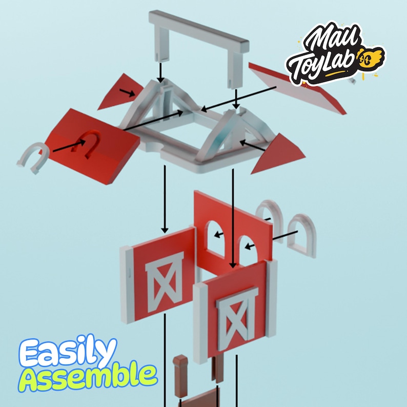 May include: An exploded view of a red and white toy barn, showing the assembly process. The image includes the text "Easily Assemble" and the logo for Mail ToyLab.