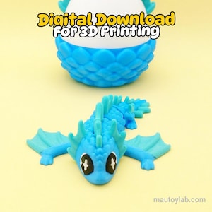May include: A light blue 3D-printed dragon toy with large eyes and wings, and a matching egg-shaped object. The text "Digital Download For 3D Printing" is in yellow and white. The background is a light yellow.