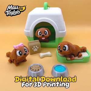 May include: A 3D printed set featuring brown puppies with large eyes, a white and green pet carrier, a tan food bag with a paw print, a white bone, a green pet bed, and two gray bowls. The text Mau ToyLab and Digital Download For 3D Printing is visible.