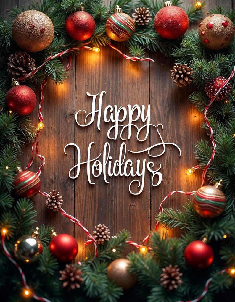 May include: Happy Holidays text on a rustic brown wooden background surrounded by a lush green garland decorated with red and gold Christmas ornaments, pinecones, and warm white string lights. The garland creates a festive wreath-like frame around the text.