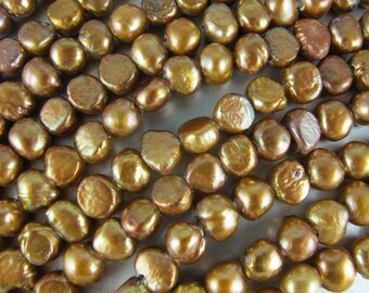 Baroque Button Pearls LARGE HOLE, Dark Gold, 9 mm, 2.5mm Hole,12 Loose Pearls, Great for 2.25mm Leather Cord or Silk Ribbon (P024)