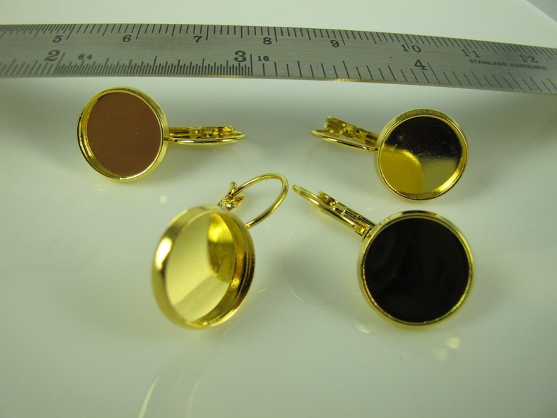 ONE PAIR Leverback Earrings, Bezel Earring Base, Goldtone or Silvertone Findings, 12 mm. Inside Diameter Bild 3