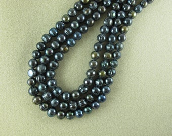 LARGE HOLE Potato Pearls, Dark Gray Peacock with Green & Purple Reflections, 9mm, Drilled 2.5mm Hole, 12 Pearls, For 2.25mm Cord  (P075)