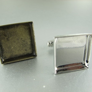 ONE PAIR CUFFLINKS Square Bezel, Polished Silver Tone or Antique Brass Finish, 18 mm Square Inside Dimension, One Pair