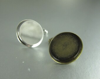 ONE PAIR Round Cufflinks, 2mm Deep Cup Bezel, Shiny Silver Tone OR Matte Brass Finish, 15mm Inside Diameter Circle