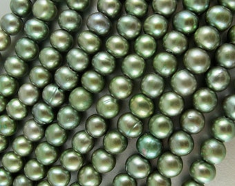 NEW, Large Hole Potato, Olive Green, 8mm, Drilled 2.5mm Hole,12 Pearls, For 2.25mm Leather Cord or Silk Ribbon (P079)