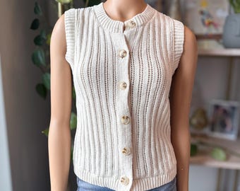 Sanctuary Pointelle Shell Sweater Vest Knit Button Front Cotton Ivory SZ Medium