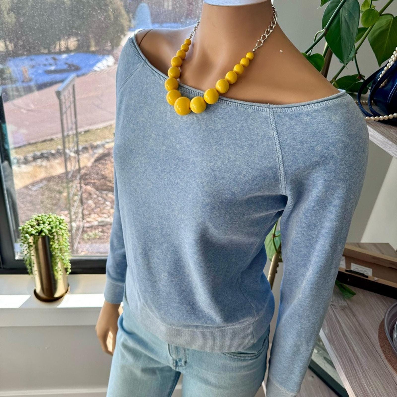 1990's Vintage Express Velour Light Blue Off-shoulder Top