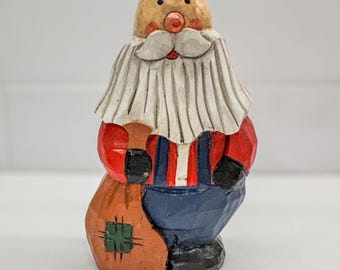 Primitive Folk Art Handcarved Wooden Bald Santa in Overalls-Country Santa-5.25”H