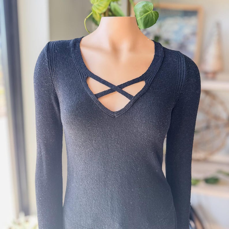 Free People Black Criss Cross Lightweight Tunic Sweater, Women's Size X-Small image 3