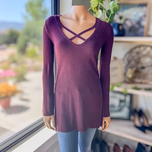 Free People Maroon Criss Cross Lightweight Tunic Sweater, Women's Size X-Small image 1