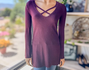 Free People Maroon Criss Cross Lightweight Tunic Sweater, Women's Size X-Small