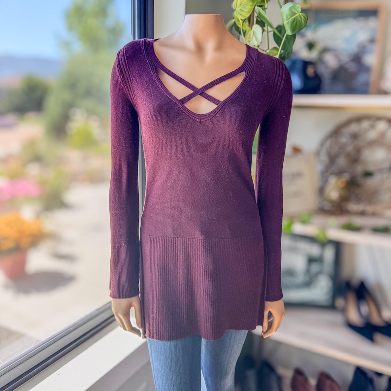 Free People Maroon Criss Cross Lightweight Tunic Sweater, Women's Size X-Small image 1