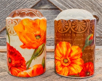 Retro Poppy Themed Ceramic Salt and Pepper Shaker Set, 3”H x 2”W