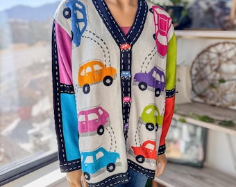 Rare Vintage 1990’s HSN Storybook Knits “Traffic Jam” Cardigan, Women’s Large