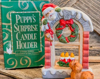 1980er “Puppy Surprise Candle Stand”-Kerzenständer aus Keramik mit Box